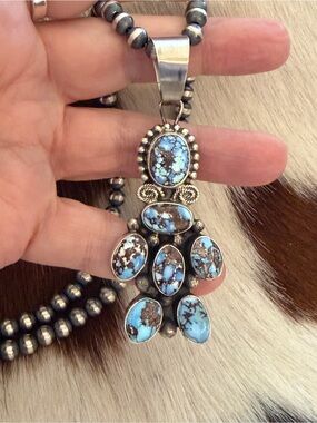 ❤️ Navajo Signed Native American Travis J Golden Hills Turquoise 925 Pendant 20G